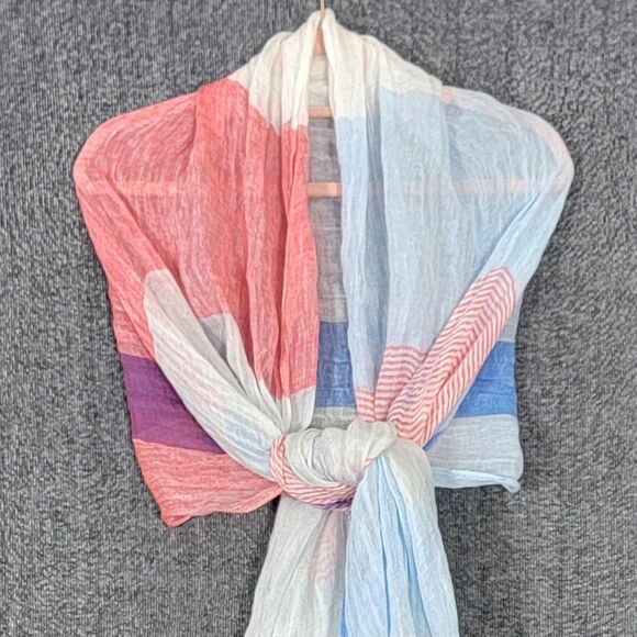 Gap Scarf Womens Red Off White Blue Colorblock 100% Linen Fringed Wrap 78x27 NEW - Picture 2 of 10